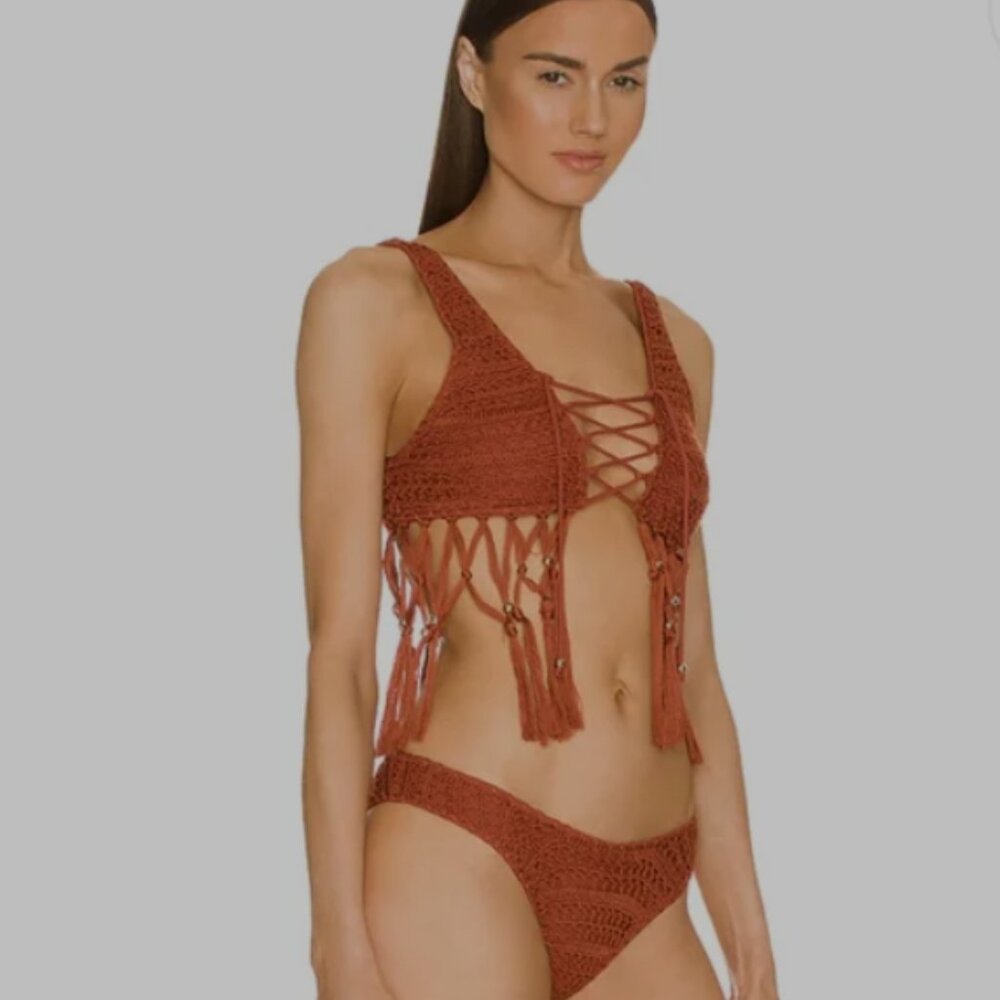 REVOLVE Bikini SET small CROCHET maroon beaded string tie bathing suit